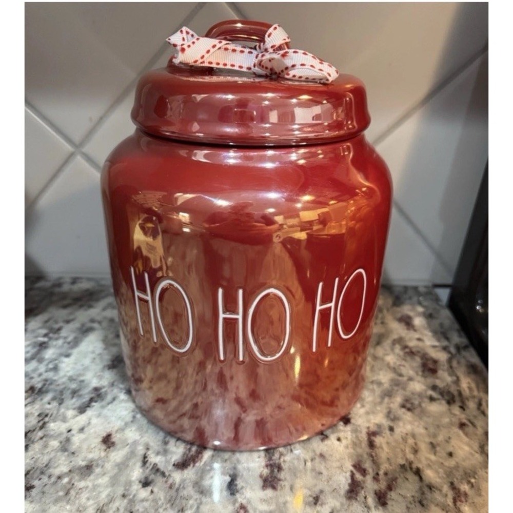 New Rae Dunn Iridescent Luster Red HO HO HO Christmas Canister / Cookie Jar